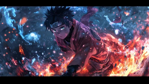 Dynamic chakra-infused warrior amid turbulent elemental vortex.