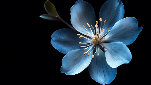 Blue flower bloom glows gently against deep black space