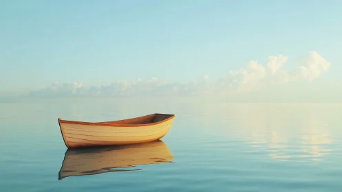 Gentle wooden rowboat resting on glassy pastel water.