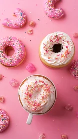 Pink Frosted Donuts and Coffee Cup on Pastel Background.