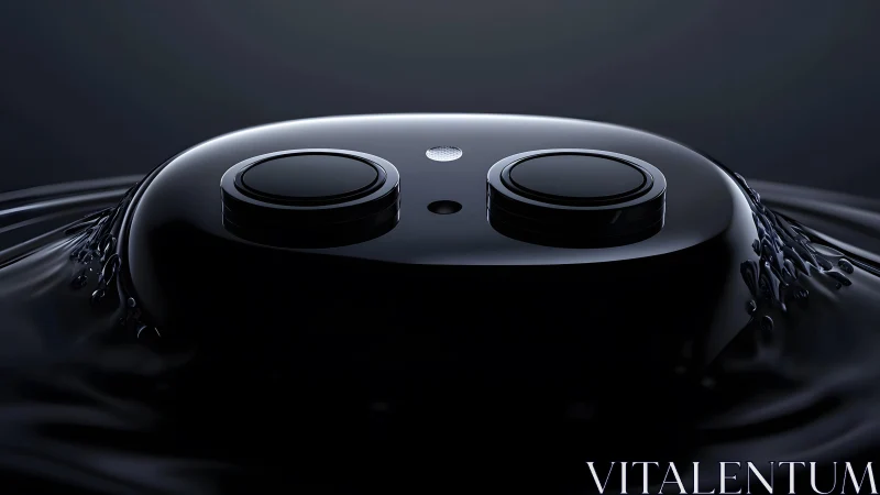 Futuristic black camera module emerging from liquid in dark lighting.