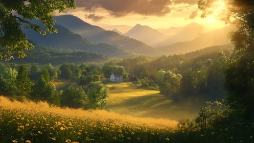 Sunlit country house nestles in misty mountain valley panorama