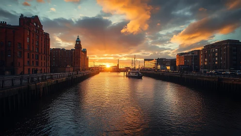 Golden evening sun warms a peaceful city harbor waterway