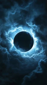 Lunar eclipse sphere emerges from luminous storm cloud vortex