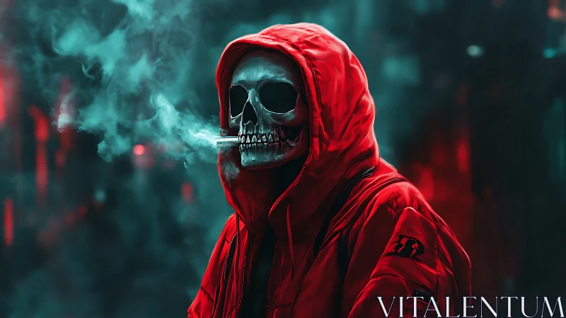 Hooded skeletal figure smoking in neon lit urban setting.