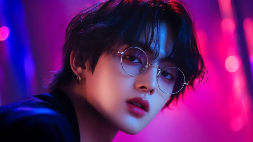 Portrait of youth with glasses in neon studio lighting.