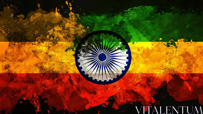 Ashoka chakra ignites tricolor splatter in fierce motion.