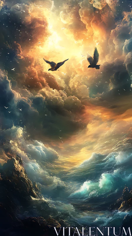 Storm-lashed ocean vortex under radiant celestial break.