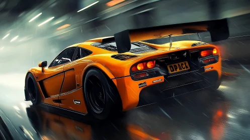 Flame-bright supercar knifes through rain-slick neon tunnel.