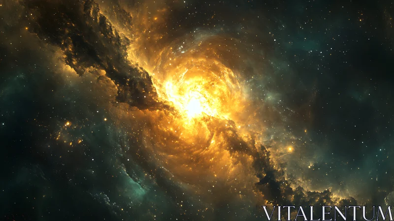 Stellar nebula vortex with radiant golden core in space.