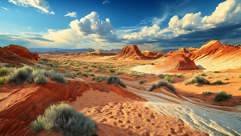 Sunlit striped desert buttes under dynamic storm clouds.