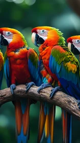 Bright macaws share a colorful perch in lush green jungle