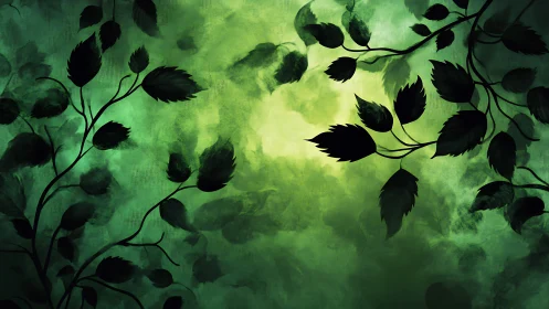 Emerald foliage silhouettes drift across glowing misty light.