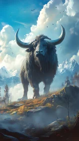 Colossal skyward buffalo strides through misty mountain dawn.