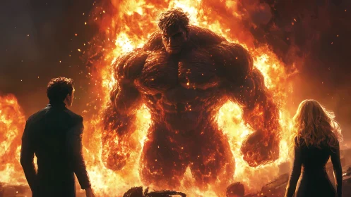 Colossal fiery titan confronts two humans amid blazing ruins