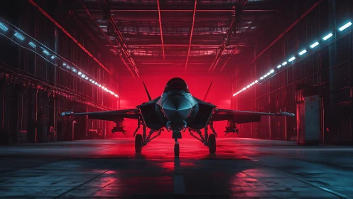 Stealth fighter jet in red-lit industrial hangar bay.