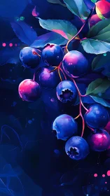 Vibrant digital blueberries against deep neon night field.