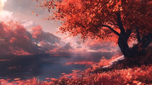 Autumnal riverside landscape with red foliage and mountains.