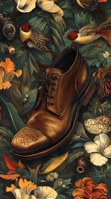 Leather dress shoe rests amid lush birds and florals.