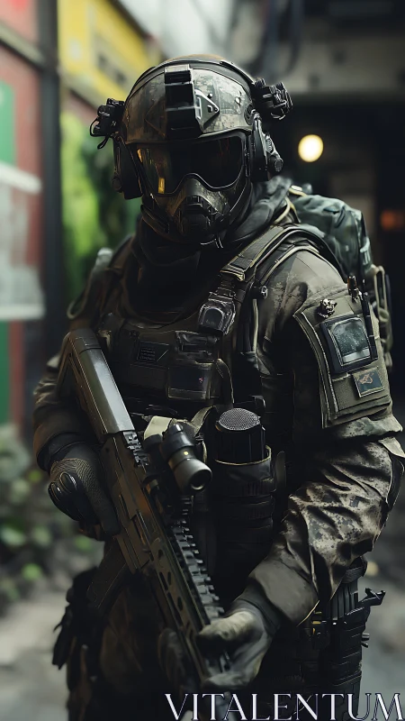 Futuristic urban soldier ready for a covert city mission.