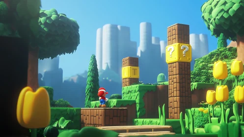 Playful hero explores a sunny block-filled forest world.