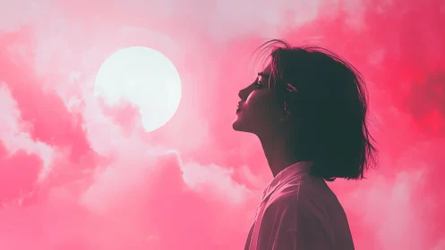 Silhouette woman against pink sky and glowing sunscape.