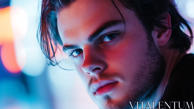 Neon-lit close-up portrait with shallow depth and bicolor lighting