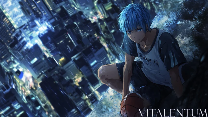 Rooftop rain baller broods above neon drowned cityscape.