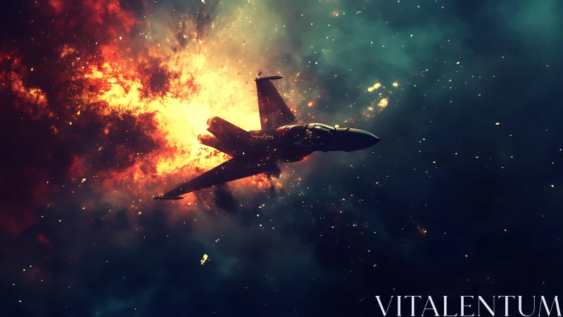 Jet silhouette traverses high-contrast explosive nebula field