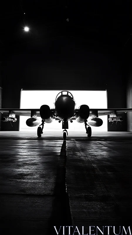 Jet aircraft silhouette in hangar with strong backlighting.