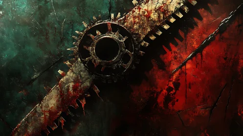 Rusted gear bisects bloodstained teal and crimson field.