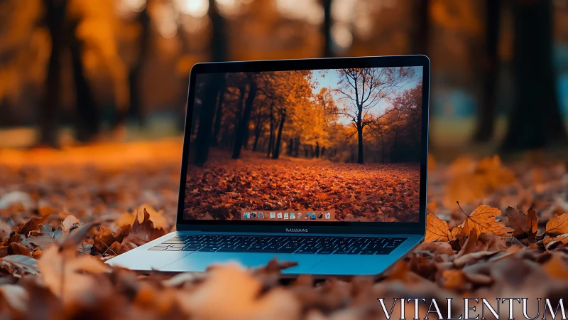 Ultrabook laptop in shallow-depth autumn leaf ground scene