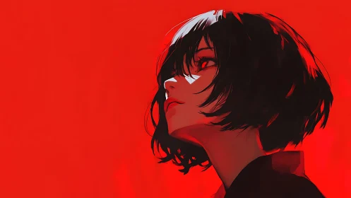 Red backdrop portrait of dark haired anime woman.