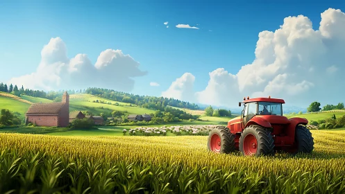 Autonomous red tractor in hyperreal rural wheat terrain panorama.