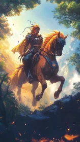 Elven rider charges through sunlit enchanted forest trail.