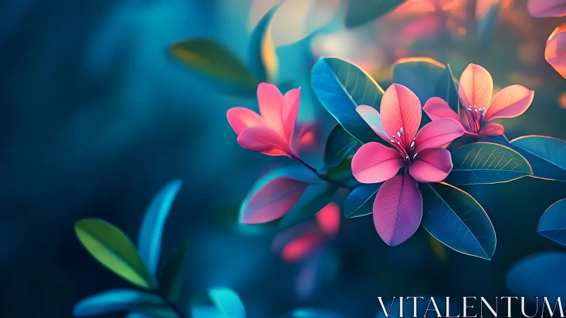 Digital Composite: Luminescent Pink Petals with Teal-Blue Bokeh Background
