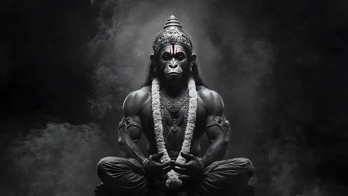 Mystic monkey warrior in meditative storm of shadows.