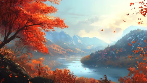 Scarlet river valley dreaming beneath first mountain frost.