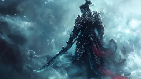 Stormlit warrior in ornate armor with curved spectral blade