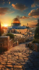 Stone pathway leads to domed complex under low sunset light