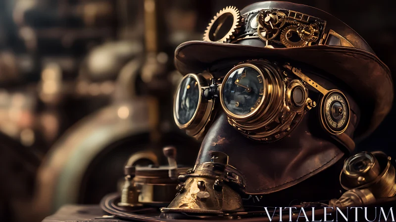 Intricate steampunk gas mask with brass clockwork lenses.
