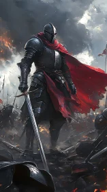 Armored warlord stands over burning battlefield ruins