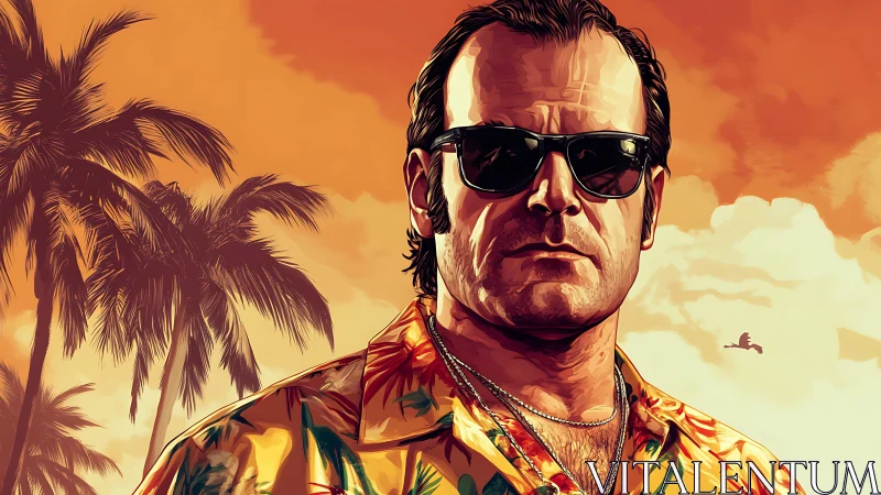 Bold vacation rebel stands beneath glowing tropical sky