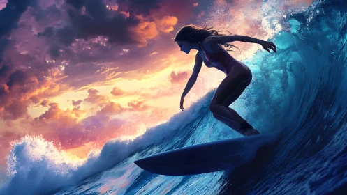 Female surfer rides glowing wave under dramatic sunset.