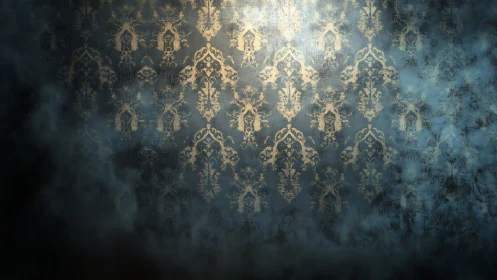 Distressed baroque damask wallpaper in atmospheric lighting.