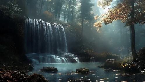 Volumetric-lit forest cascade over tiered rock basin.