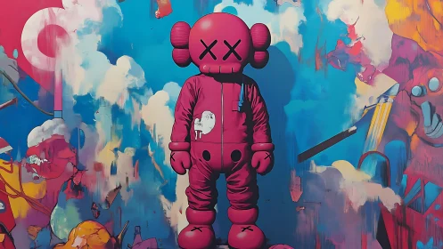 Playful pink character drifts in a dreamy, colorful sky world