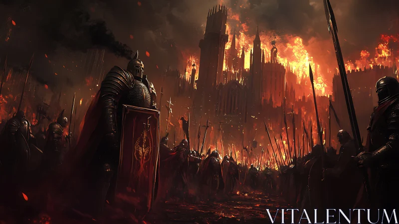 Armored phalanx before cathedral citadel under thermal siege.