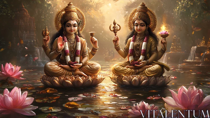 Graceful goddesses of light resting on glowing lotus blooms.