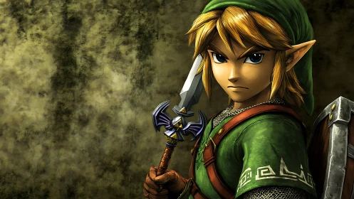 Elf warrior portrait with ornate sword on textured backdrop.